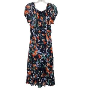 Kate and Lily Navy/Coral Floral Print Mesh Tiered Peasant Midi Dress Size 10